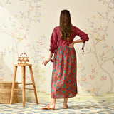 Maroon Floral Printed Cotton Dress with Puff Sleeves