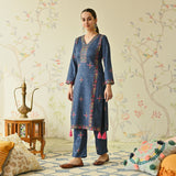 Navy Blue Embroidered & Phulkari Printed Woollen Kurta Pant Set