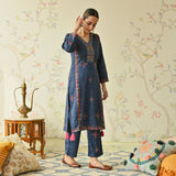 Navy Blue Embroidered & Phulkari Printed Woollen Kurta Pant Set