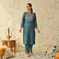 Teal Embroidered & Monotone Woollen Kurta Pant Set