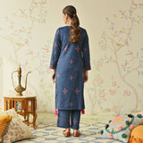 Navy Blue Embroidered & Phulkari Printed Woollen Kurta Pant Set