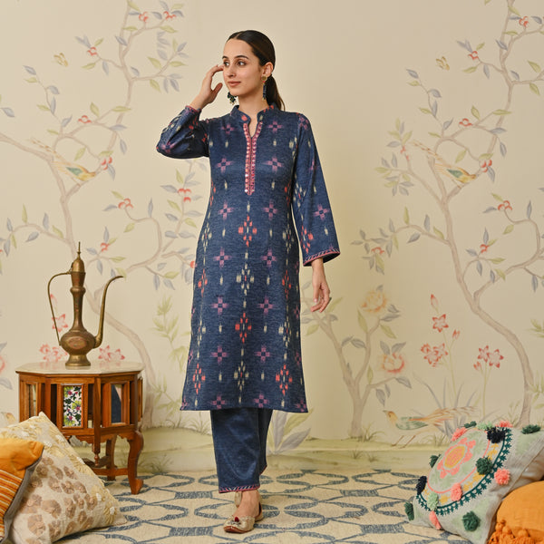 Navy Blue Embroidered & Ikat Printed Woollen Kurta Pant Set