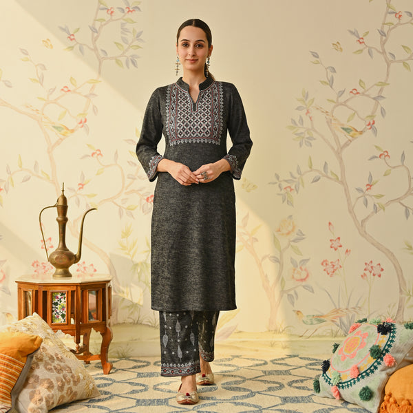 Black Embroidered & Monotone Woollen Kurta Pant Set