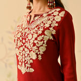 Maroon Woollen Embroidered Kurta Pant Set with Dupatta