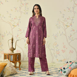 Dusty Pink Embroidered Woollen Kurta Pant Set