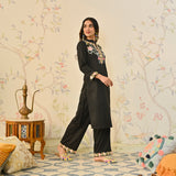 Black Woollen Aari Embroidered Straight Kurta with Mandarin Collar