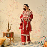 Maroon Woollen Embroidered Kurta Pant Set with Dupatta