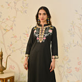 Black Woollen Aari Embroidered Straight Kurta with Mandarin Collar