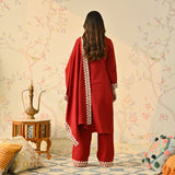 Maroon Woollen Embroidered Kurta Pant Set with Dupatta