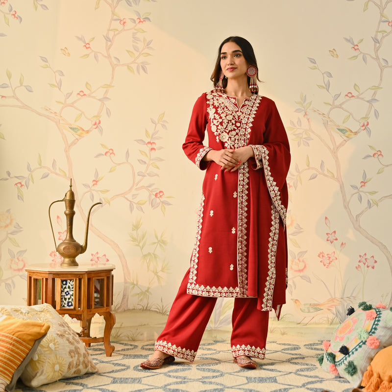 Maroon Woollen Embroidered Kurta Pant Set with Dupatta