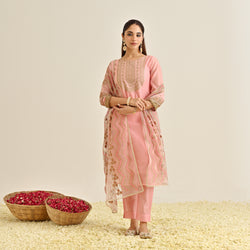 Pink Festive Embroidered Kurta Set with Embroidered Dupatta & Yoke Detail