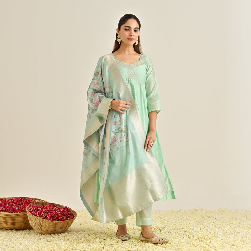 Mint Festive Anarkali Set with Brocade Dupatta