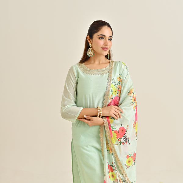 Mint Festive Embroidered Kurta Set with Printed Dupatta & Round Yoke Detail