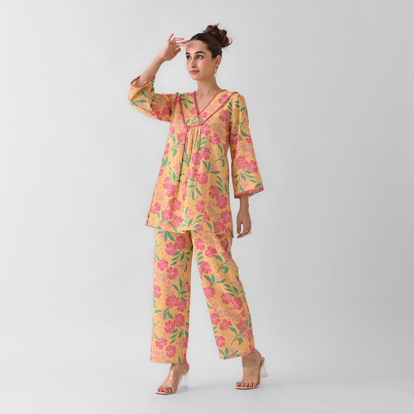 Mango Yellow Blooming Linen Cotton Co-ord Set