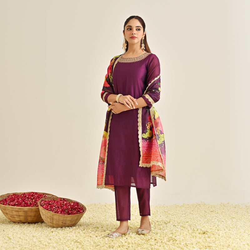 Burgundy Festive Embroidered Kurta Set with Printed Dupatta & Round Yoke Detail