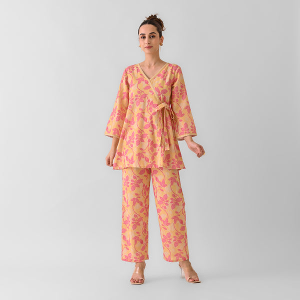 Mango Yellow Leaf Angrakha Linen Cotton Co-ord Set