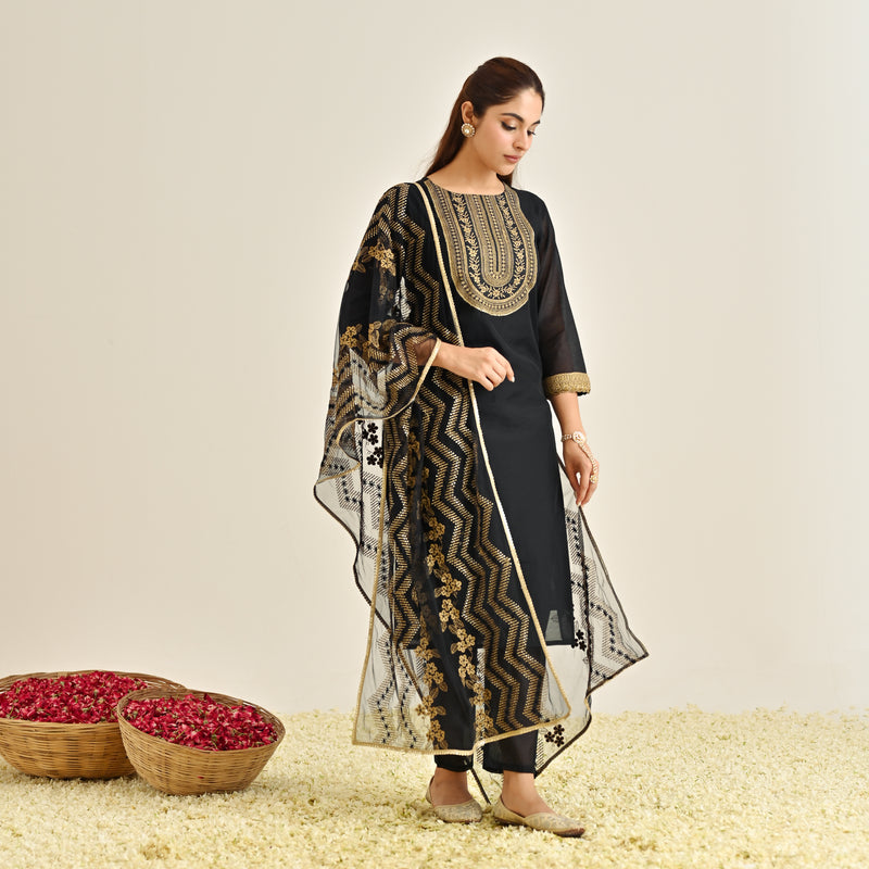 Black Festive Embroidered Kurta Set with Embroidered Dupatta & Yoke Detail