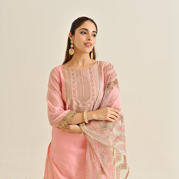 Pink Festive Embroidered Kurta Set with Embroidered Dupatta & Yoke Detail