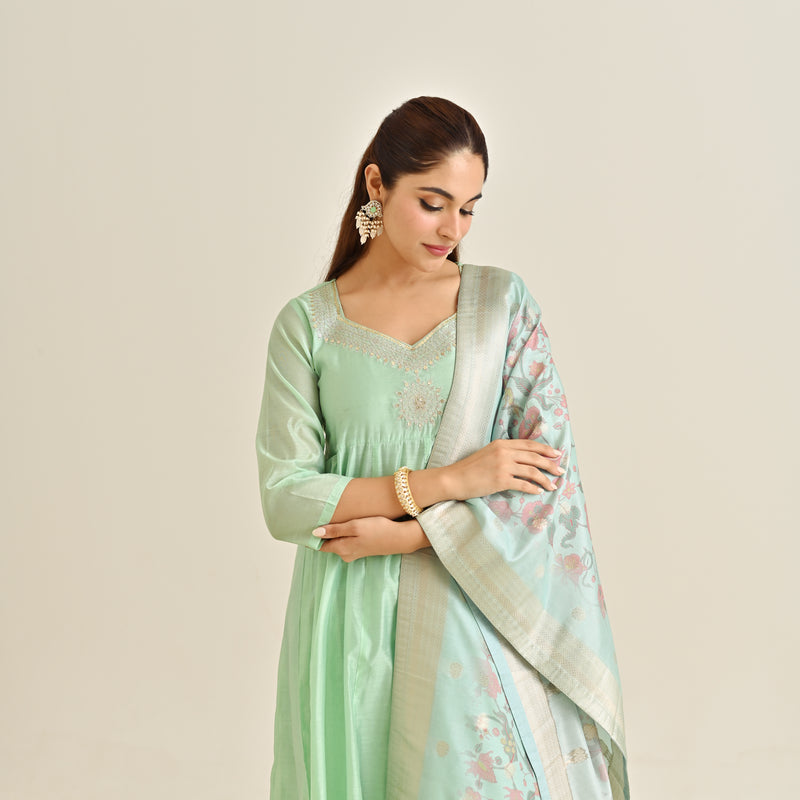 Mint Festive Anarkali Set with Brocade Dupatta