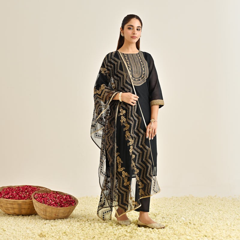 Black Festive Embroidered Kurta Set with Embroidered Dupatta & Yoke Detail