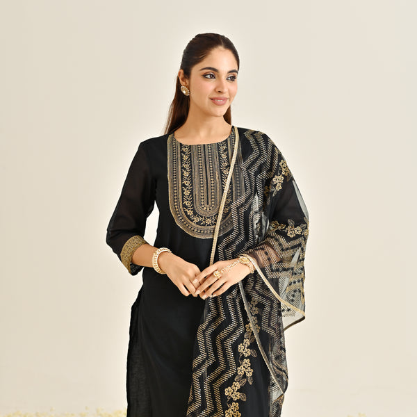 Black Festive Embroidered Kurta Set with Embroidered Dupatta & Yoke Detail