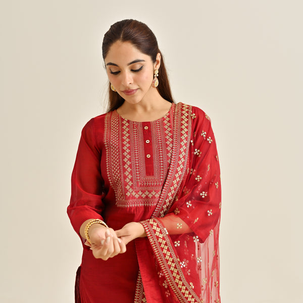 Red Festive Embroidered Kurta Set with Embroidered Dupatta