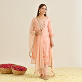 Peach Floral Straight Kurta Set with Yoke Embroidery & Dupatta