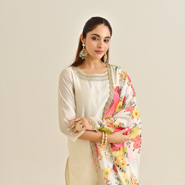 Off White Festive Embroidered Kurta Set with Printed Dupatta & Round Yoke Detail