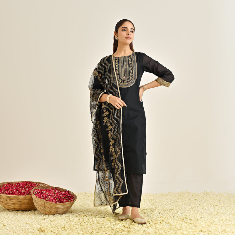 Black Festive Embroidered Kurta Set with Embroidered Dupatta & Yoke Detail