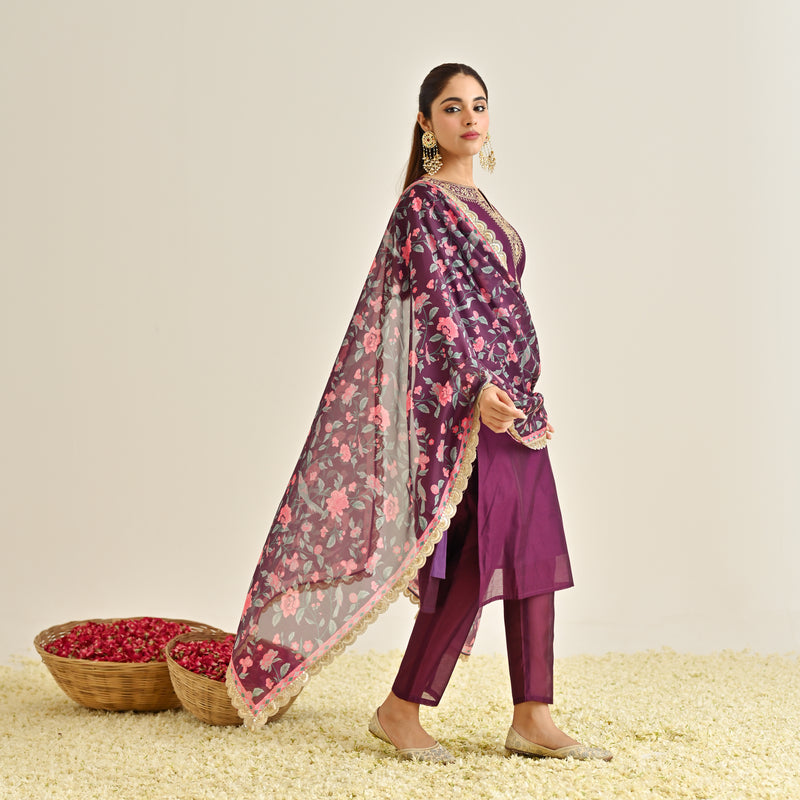 Burgundy Straight Festive Kurta Set with Printed Dupatta & Yoke Detail