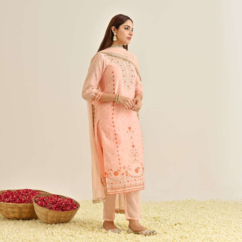 Peach Floral Straight Kurta Set with Yoke Embroidery & Dupatta