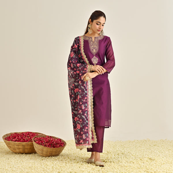 Burgundy Straight Festive Kurta Set with Printed Dupatta & Yoke Detail