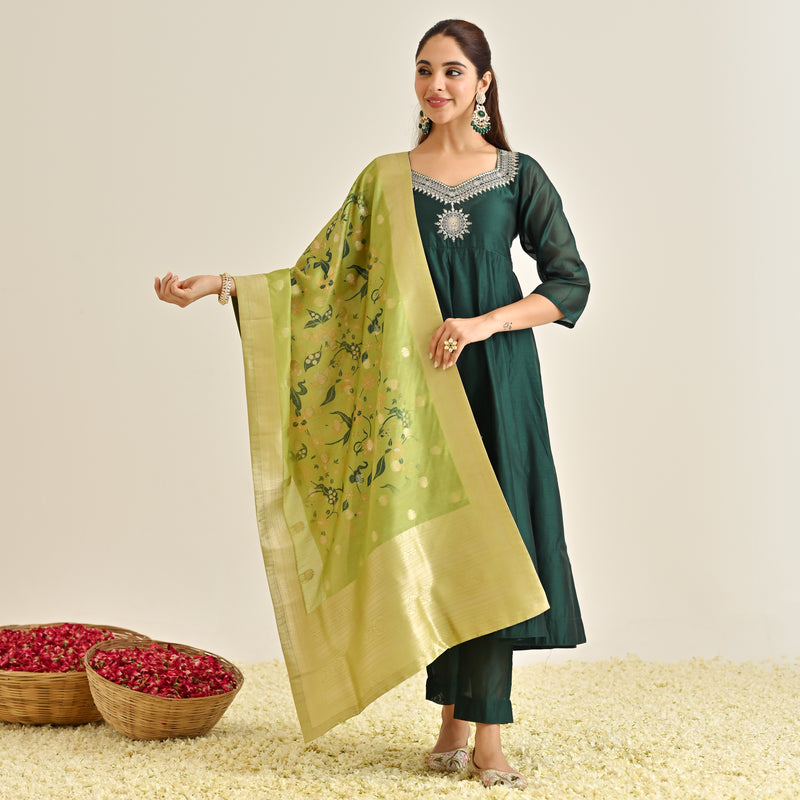 Emerald Green Festive Anarkali Set with Brocade Dupatta