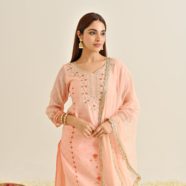 Peach Floral Straight Kurta Set with Yoke Embroidery & Dupatta