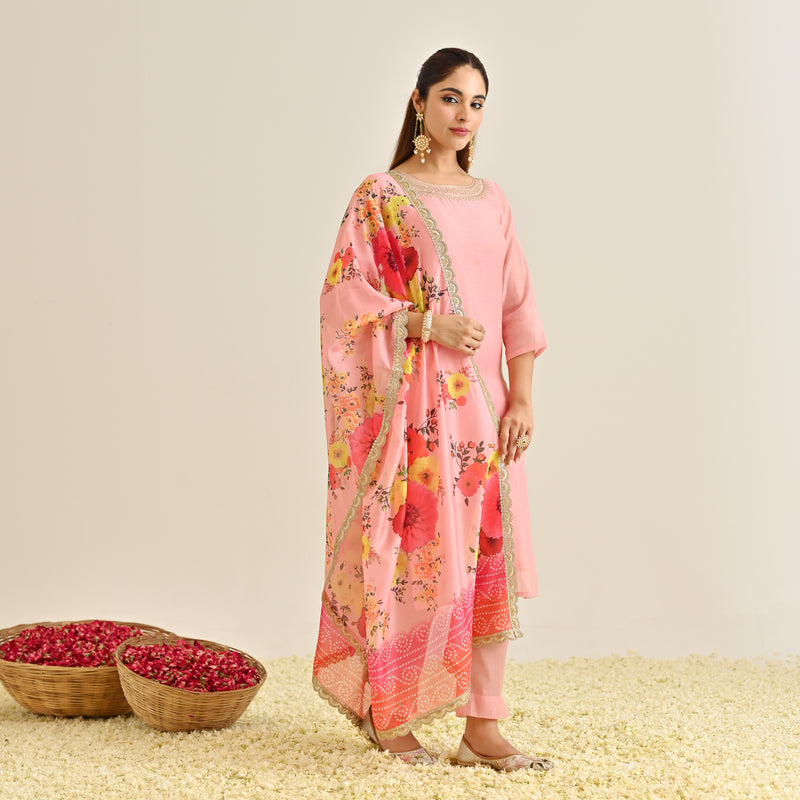 Pink Festive Embroidered Kurta Set with Printed Dupatta & Round Yoke Detail