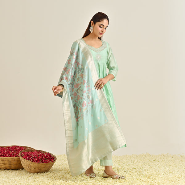 Mint Festive Anarkali Set with Brocade Dupatta