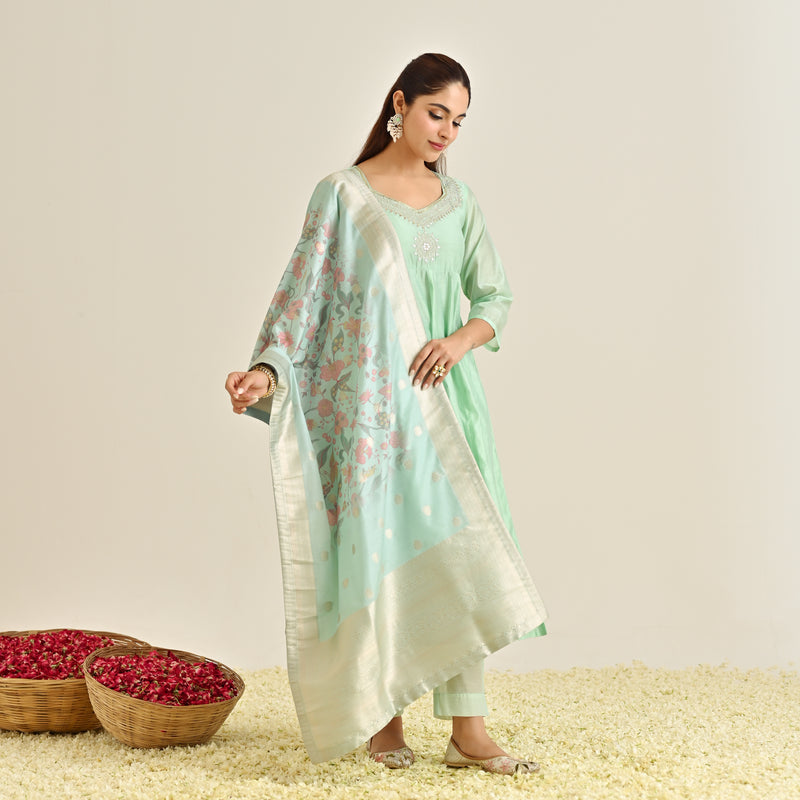 Mint Festive Anarkali Set with Brocade Dupatta