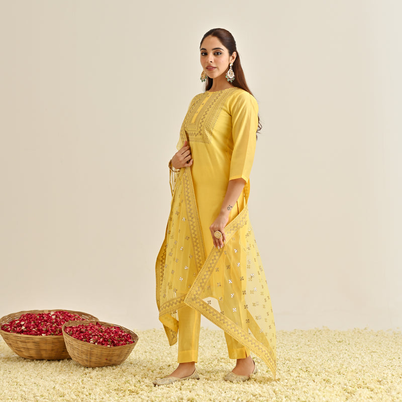 Yellow Festive Embroidered Kurta Set with Embroidered Dupatta