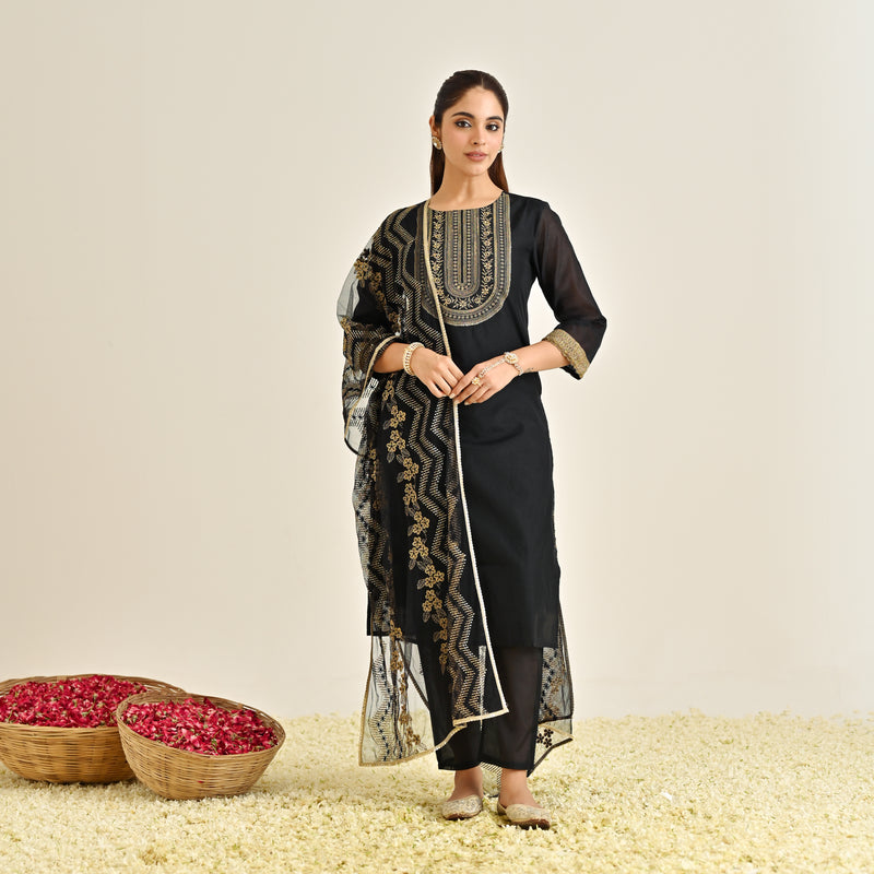 Black Festive Embroidered Kurta Set with Embroidered Dupatta & Yoke Detail