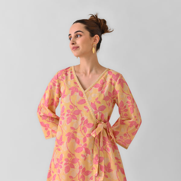 Mango Yellow Leaf Angrakha Linen Cotton Co-ord Set