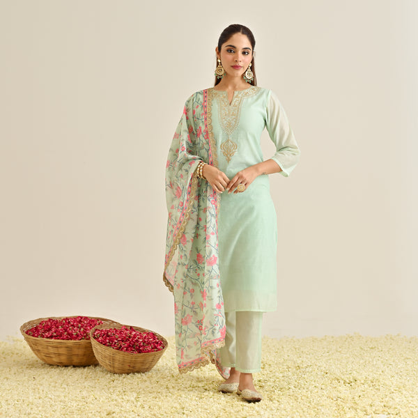 Mint Straight Festive Kurta Set with Printed Dupatta & Yoke Detail