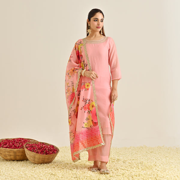 Pink Festive Embroidered Kurta Set with Printed Dupatta & Round Yoke Detail