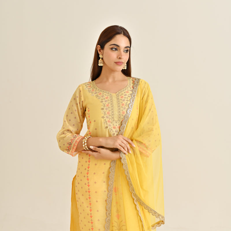 Mango Yellow Floral Straight Kurta Set with Yoke Embroidery & Dupatta