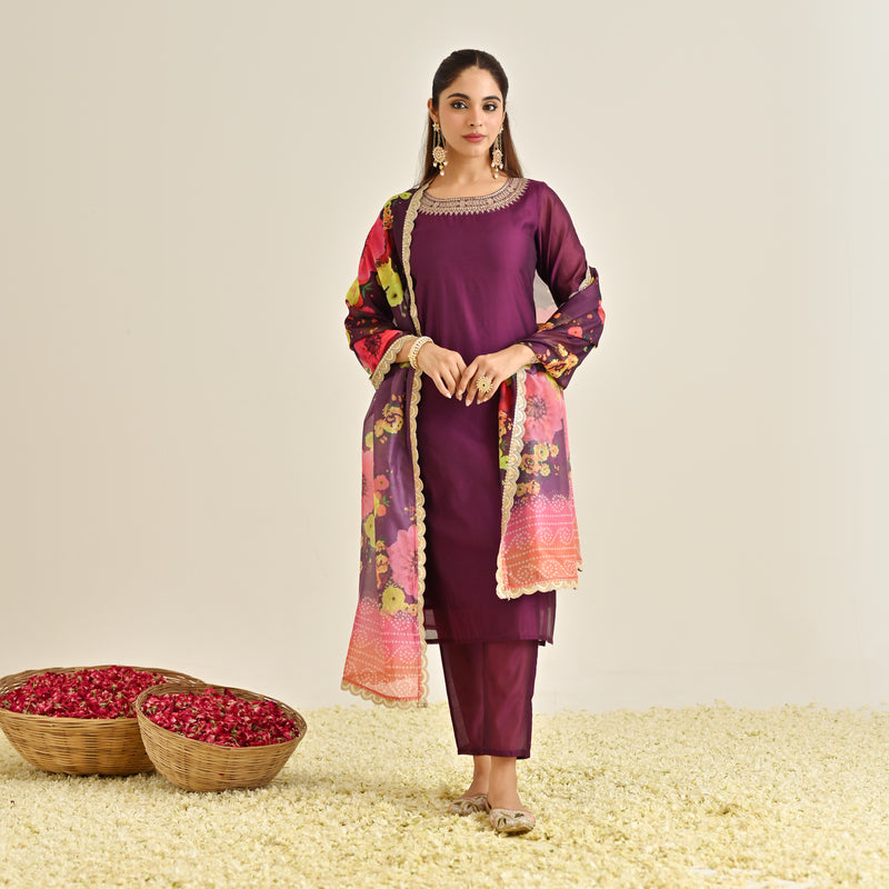 Burgundy Festive Embroidered Kurta Set with Printed Dupatta & Round Yoke Detail