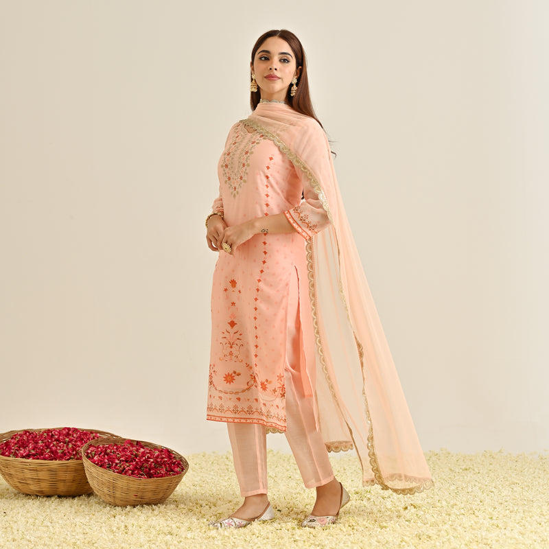 Peach Floral Straight Kurta Set with Yoke Embroidery & Dupatta