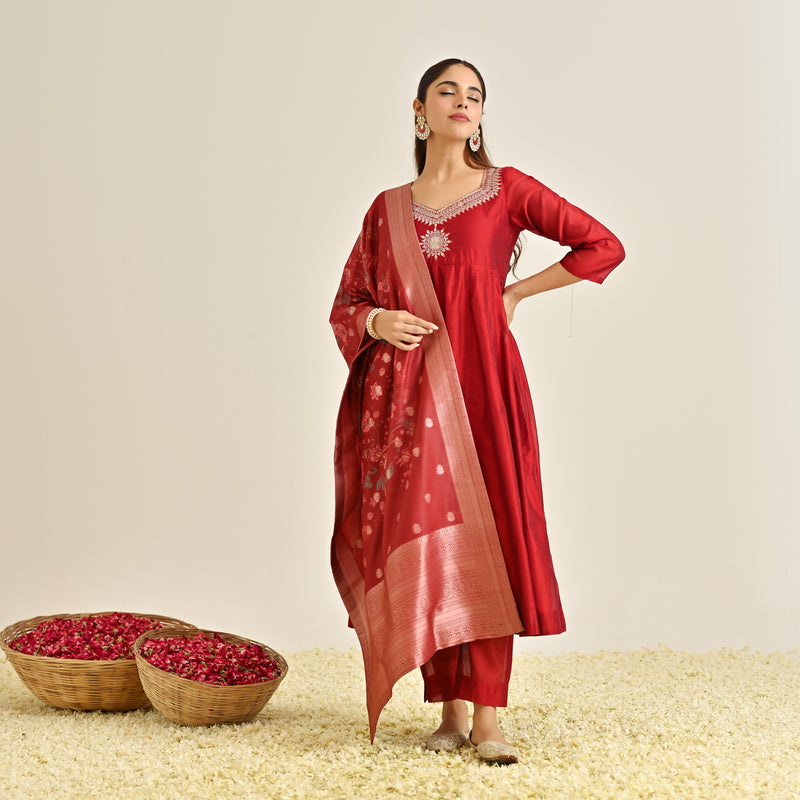 Red Festive Anarkali Set with Brocade Dupatta