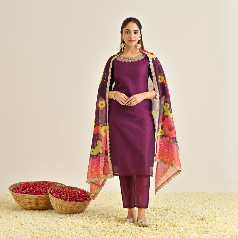 Burgundy Festive Embroidered Kurta Set with Printed Dupatta & Round Yoke Detail