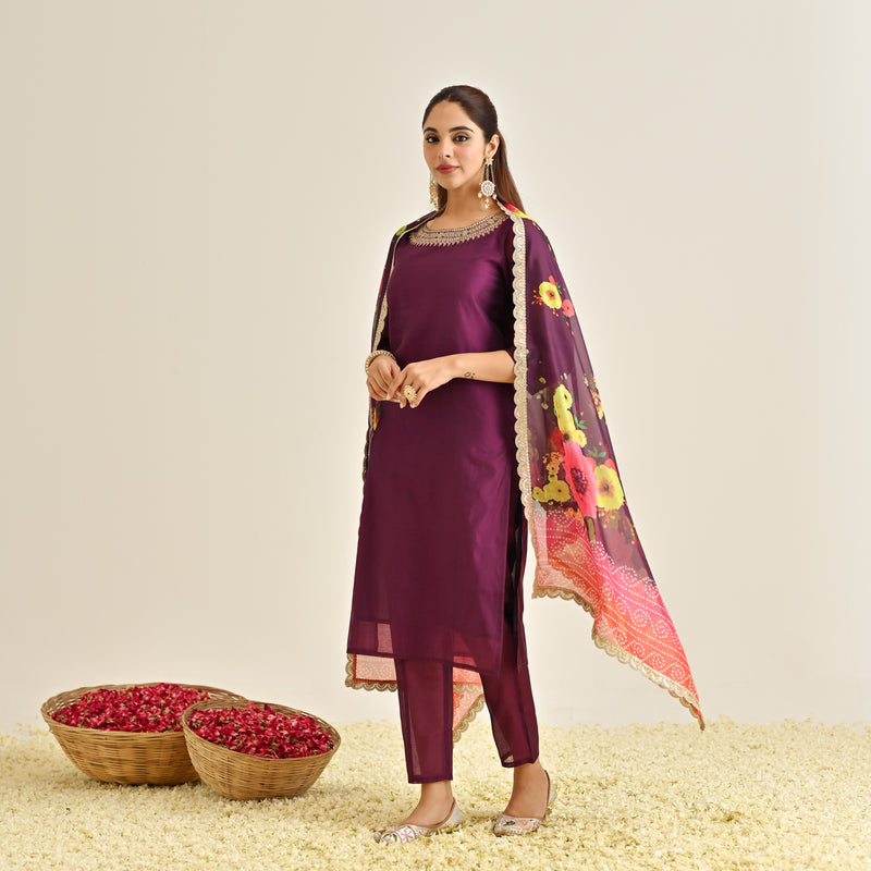 Burgundy Festive Embroidered Kurta Set with Printed Dupatta & Round Yoke Detail