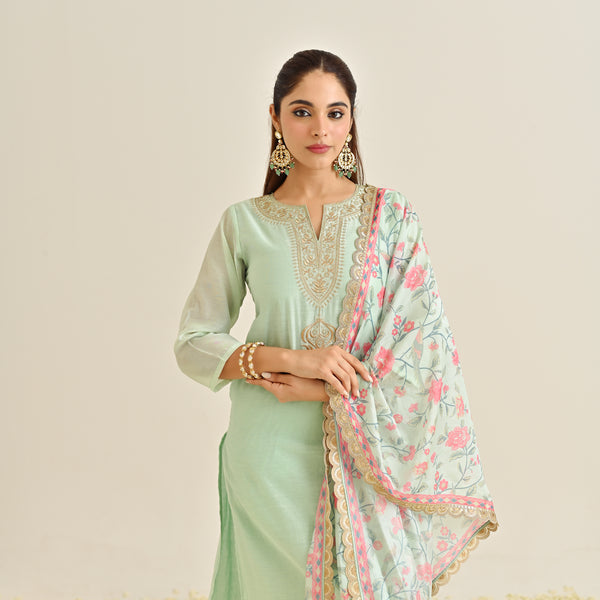 Mint Straight Festive Kurta Set with Printed Dupatta & Yoke Detail