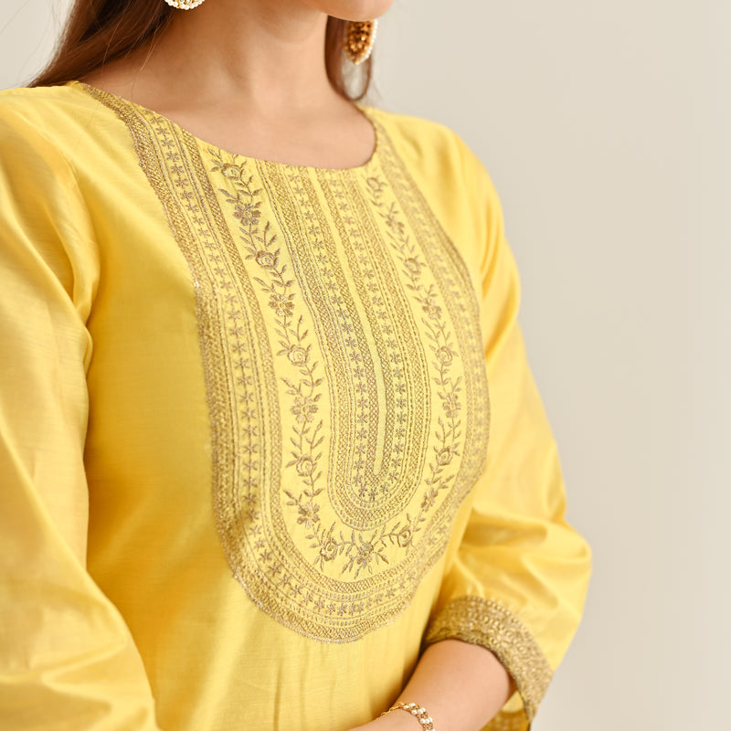 Yellow Festive Embroidered Kurta Set with Embroidered Dupatta & Yoke Detail